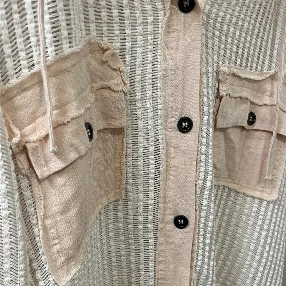 POL: Lightweight Waffle Knit Hooded Button Cardigan in Cream & Blush - Picture 3 of 9